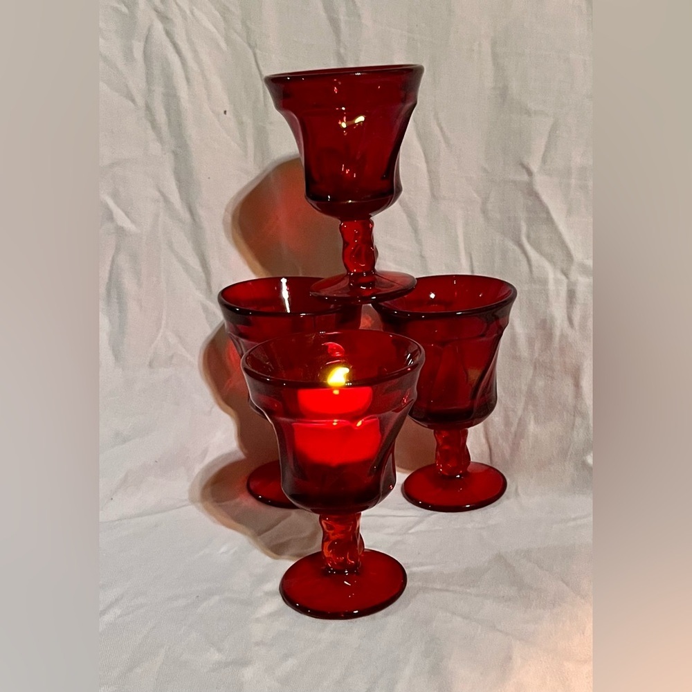 VTG Fostoria Jamestown Ruby Red Champagne Tall Sherbet Glasses Set of 4 Swirl